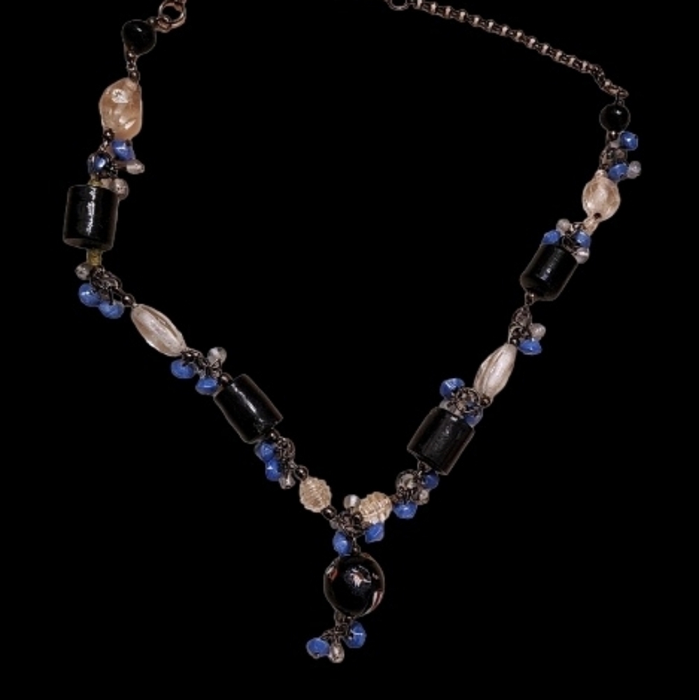 Handcrafted Elegant Black & Blue Beaded Pendant Necklace